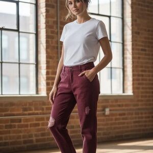 Free People burgundy Distressed Straight Leg Pants